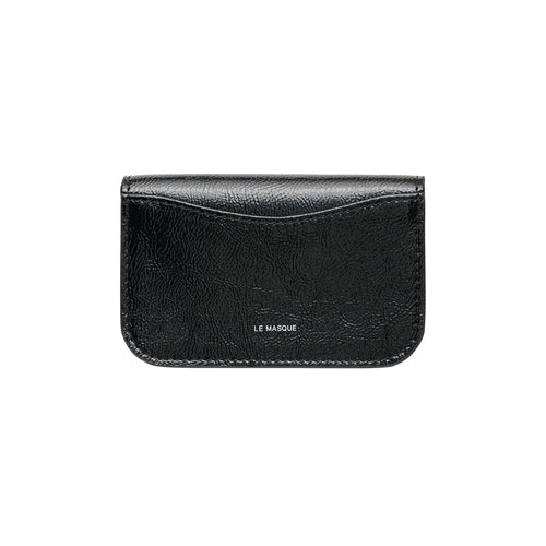Crinkled Black Leather Heart-Lock Card Wallet