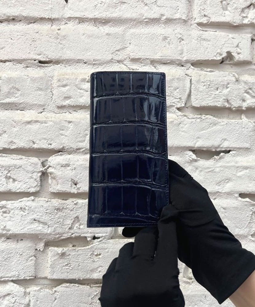 Glossy Porosus Crocodile Long Wallet (Midnight Blue)