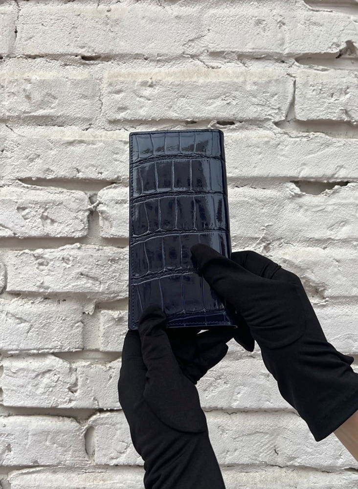 Glossy Porosus Crocodile Long Wallet (Midnight Blue)