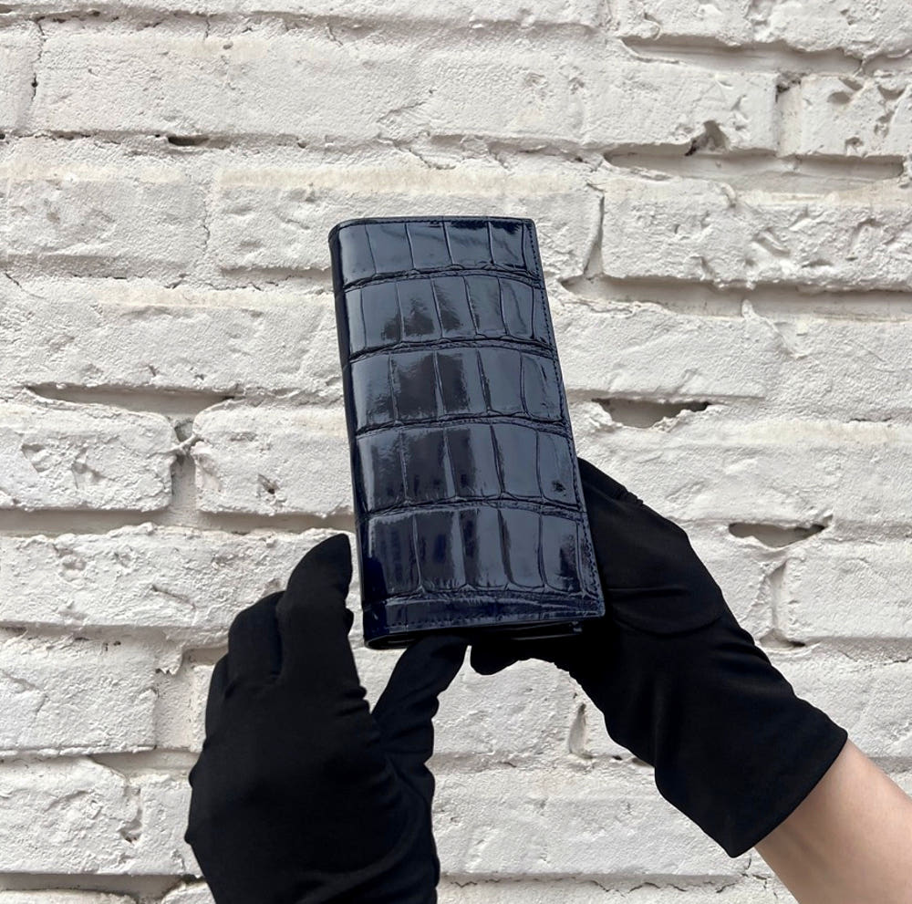 Glossy Porosus Crocodile Long Wallet (Midnight Blue)