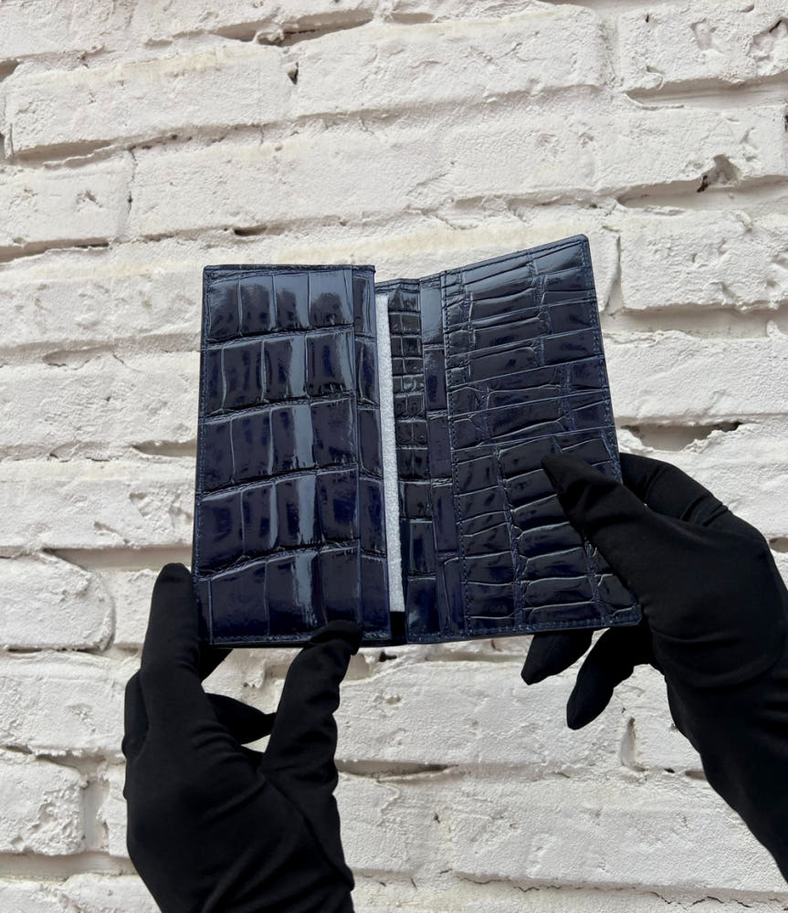 Glossy Porosus Crocodile Long Wallet (Midnight Blue)