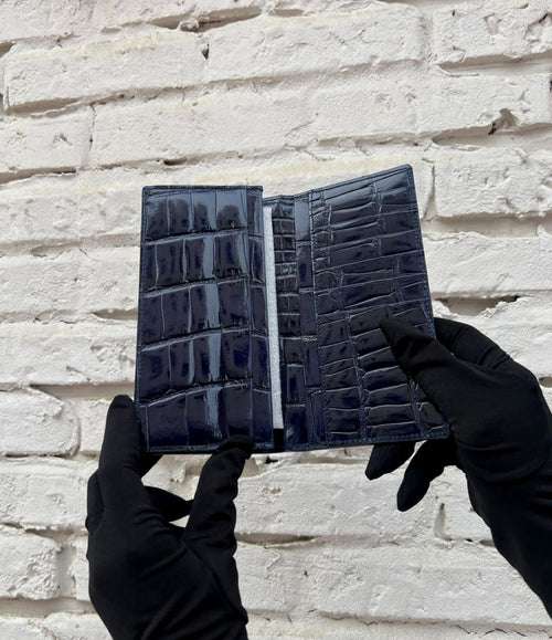 Glossy HCP Porosus Crocodile Long Wallet - Midnight Blue