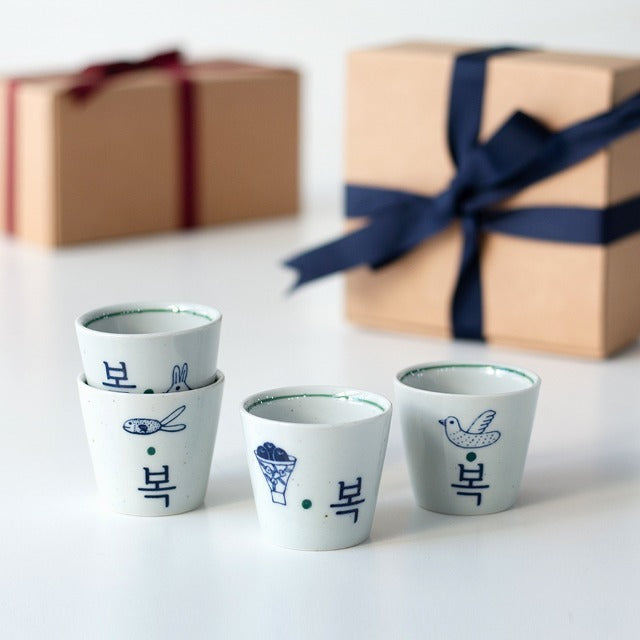 [Yeogidamgi] 'Bok' (Good Luck) Sake Cup 4-Piece Gift Set