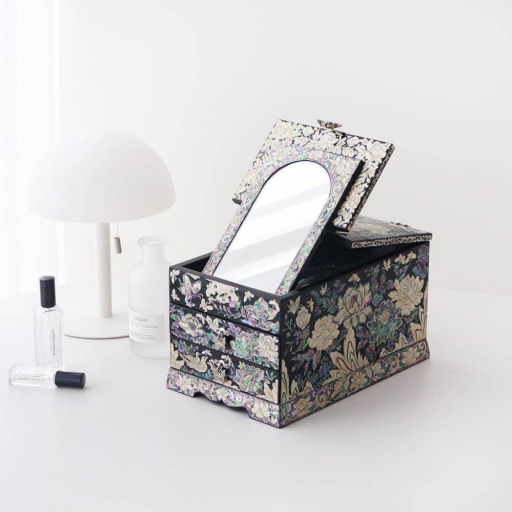 [Parkssisangbang] Premium Mother-of-Pearl Peony Jewelry Box with Mirror (Extra Large)