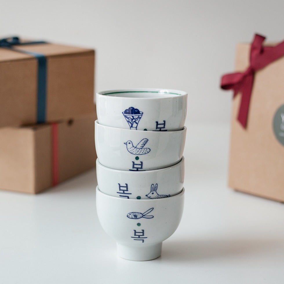 [Yeogidamgi] Hangeul 'Bok' (Good Luck) Teacup 4-Piece Gift Set